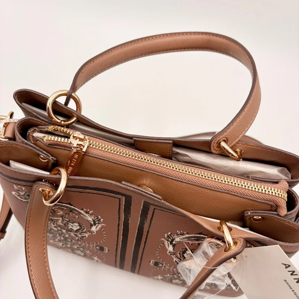 Anne Klein Tan Baroque Print Satchel Crossbody Bag Gold Hardware NWT